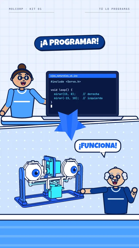 Ilustración: una niña programando el kit en la computadora, «¡A programar!»
