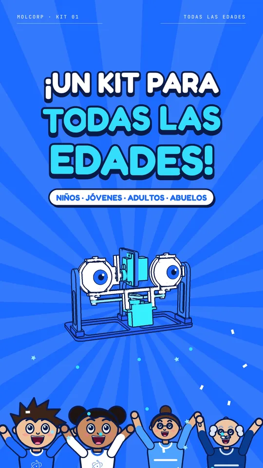 Ilustración: niños, jóvenes, adultos y abuelos alrededor del kit, «¡Un kit para todas las edades!»